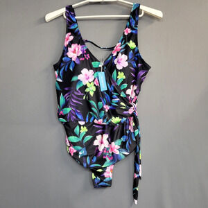 Yonique Swimsuit Womens 22W Black Floral One Piece Adjustable Wrap Tie Tankini